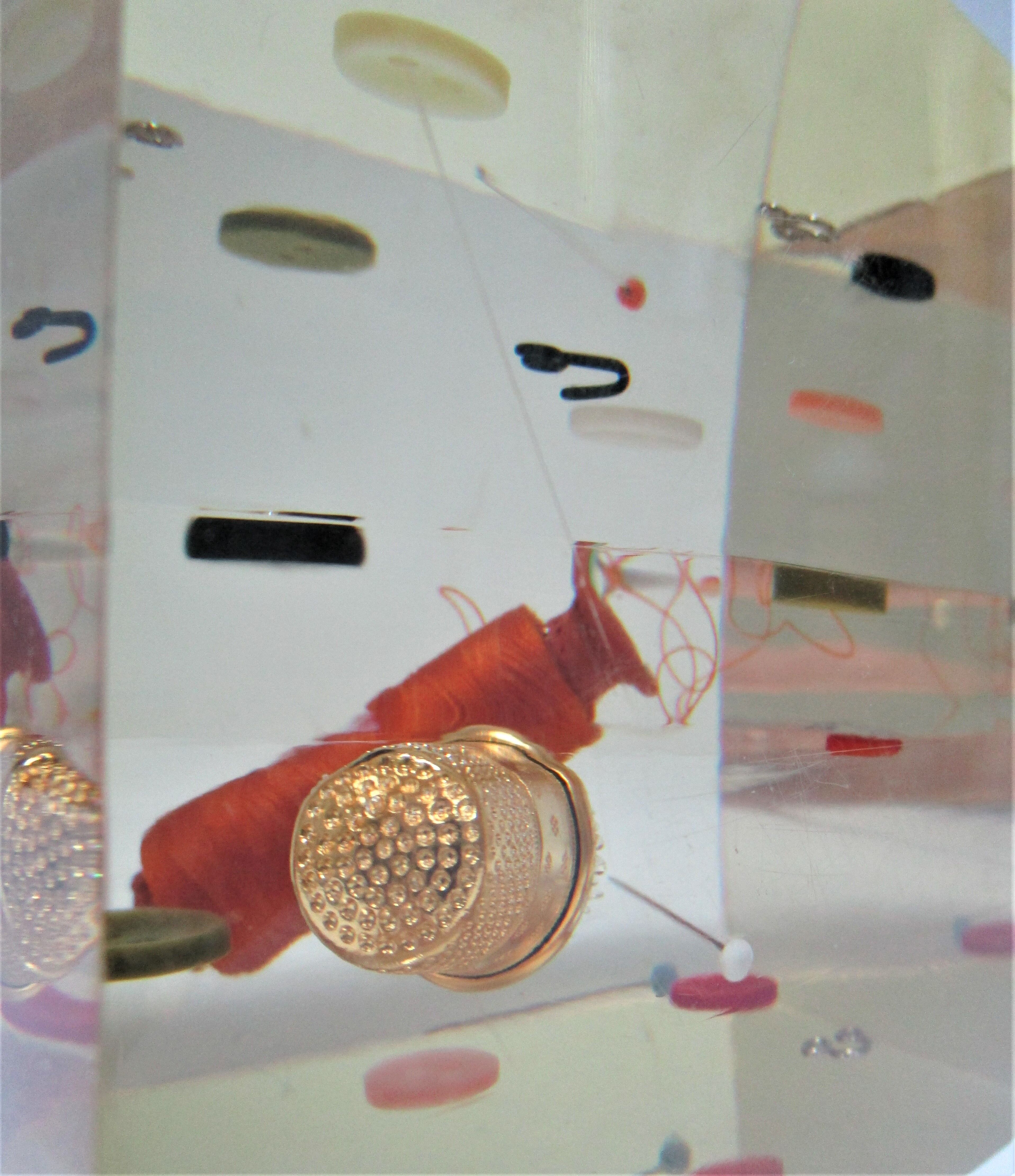 Paperweight sculpture block resin inclusions sewing design 70s