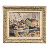 Huile sur toile suédoise d'époque mi-siècle – « Scène de port » par Sten Lindahl – Vintage et encadrée
