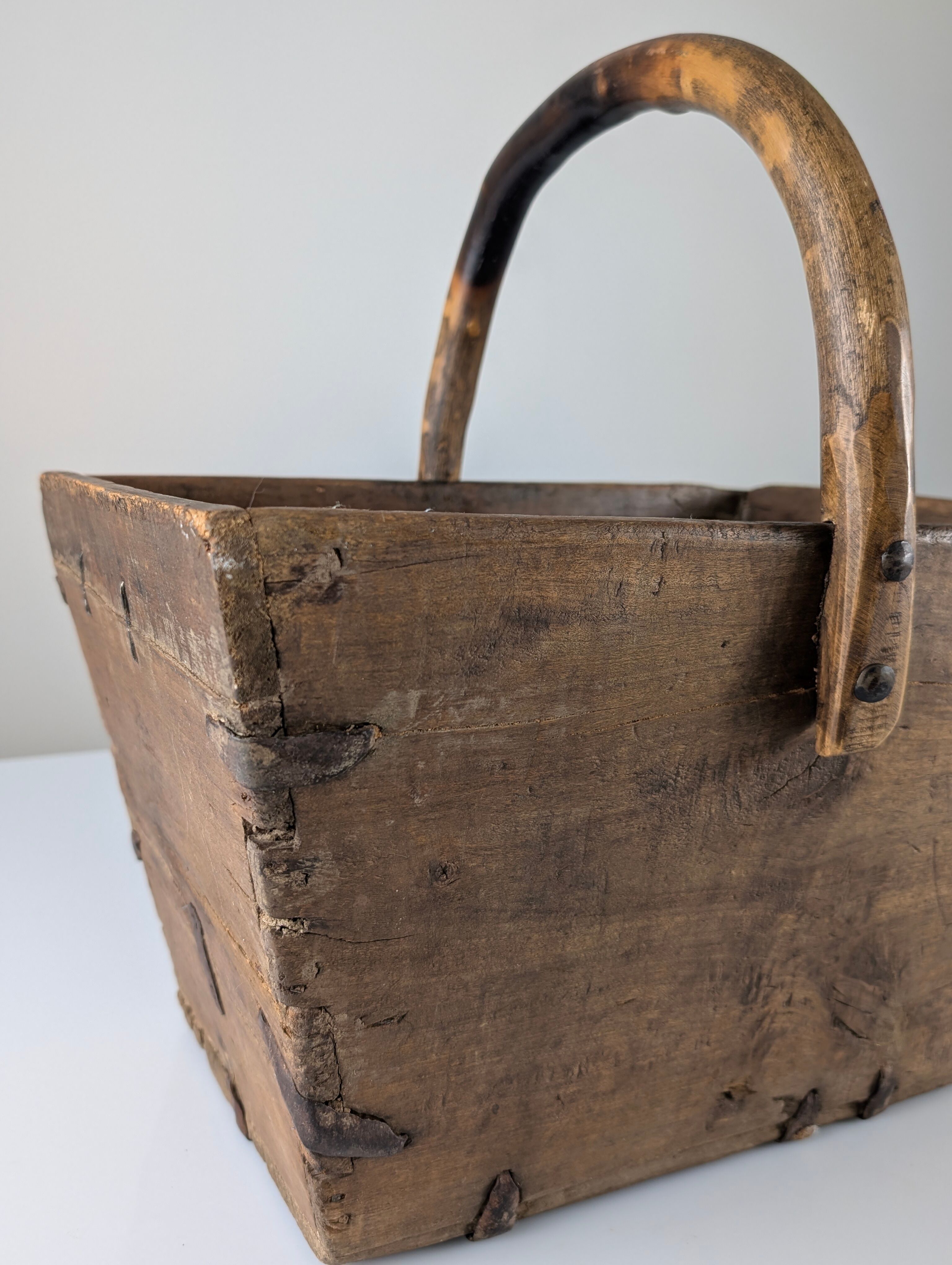 Antique wooden log basket with wrought iron fittings, Wabi-Sabi, 19th century