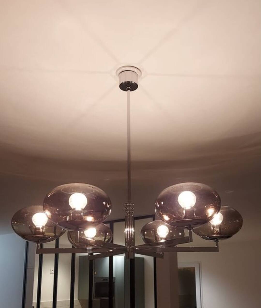 6-light chandelier  Sciolari, chrome and smoked glass