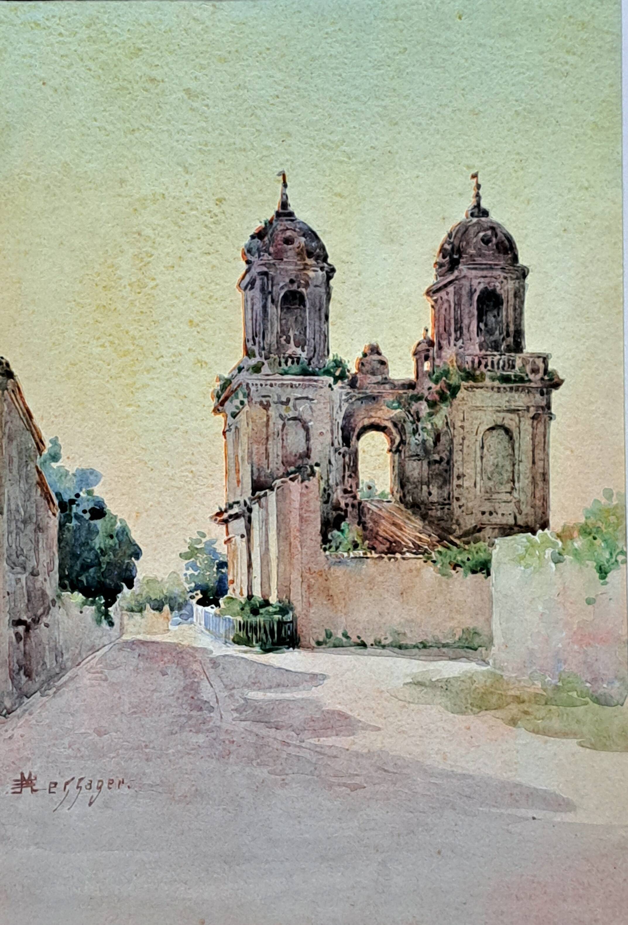 Signed Impressionist watercolor - The towers of Saint-Jean d'Angely circa 1900