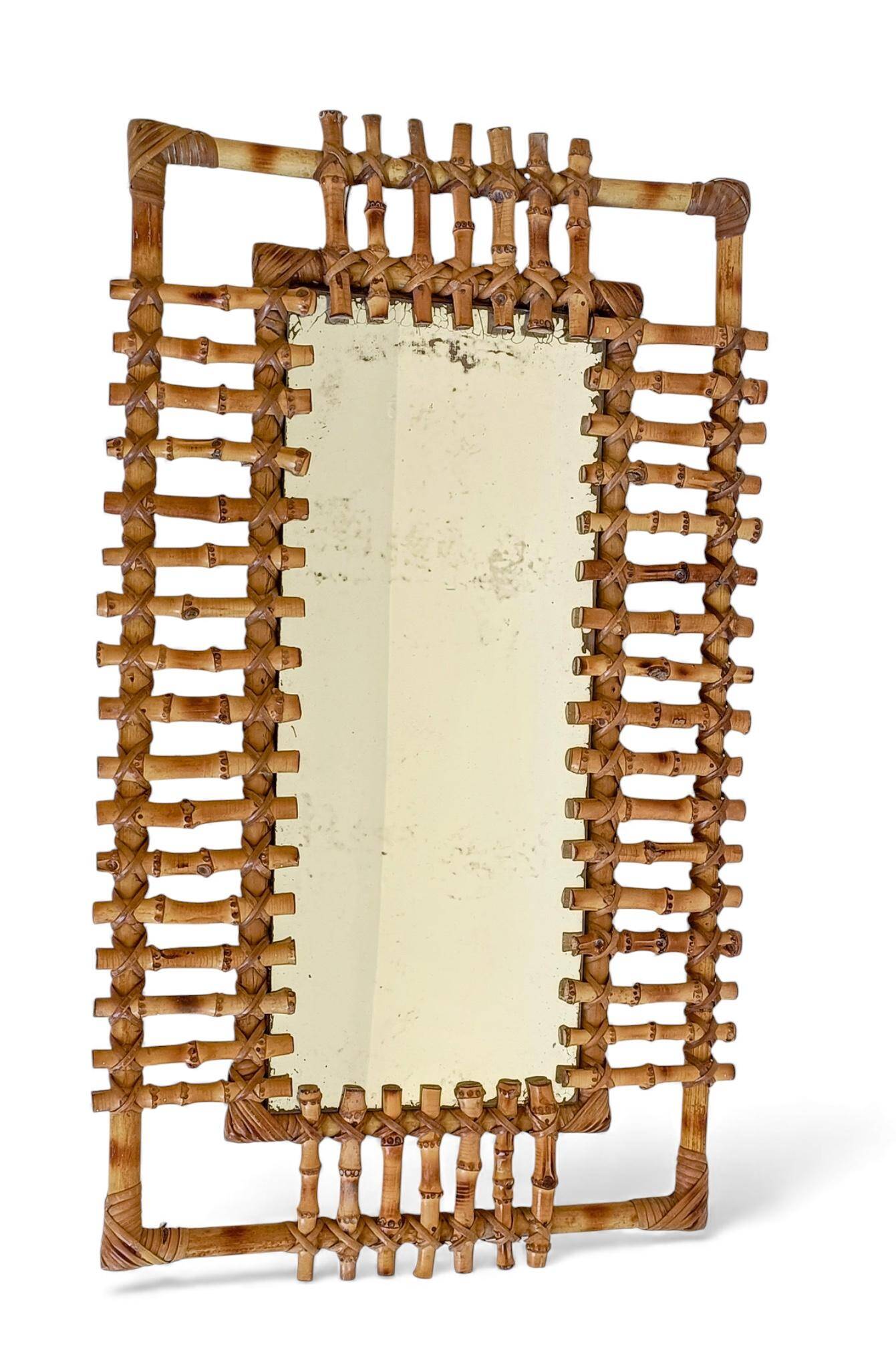 Mid-Century Bamboo & Rattan Mirror With Patina, French Riviera Style, 1950s