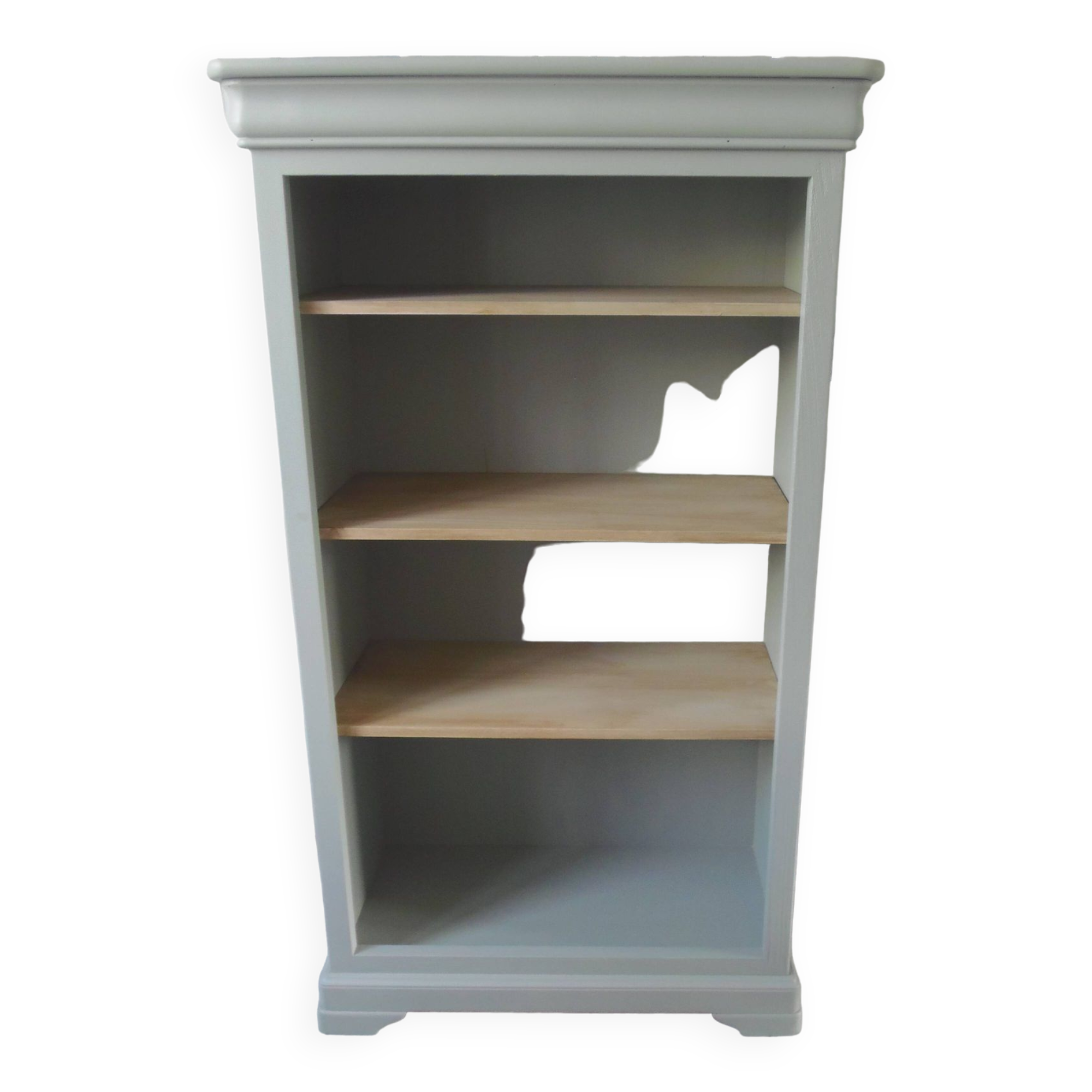 Louis Philippe style bookcase reenchanted in verdigris, 3 light oak waxed shelves.