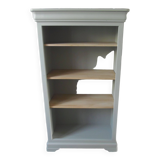 Louis Philippe style bookcase reenchanted in verdigris, 3 light oak waxed shelves.