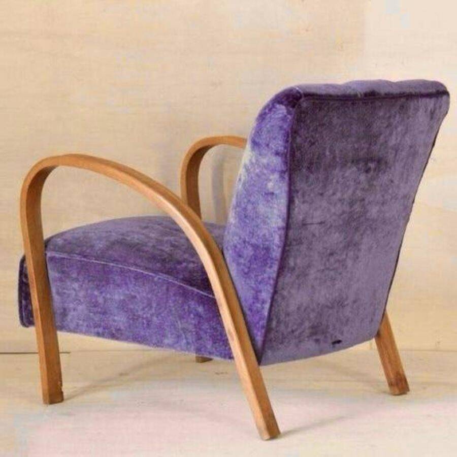 1920 Art Deco Blue Velvet Armchair, Solid Beech Wood, France