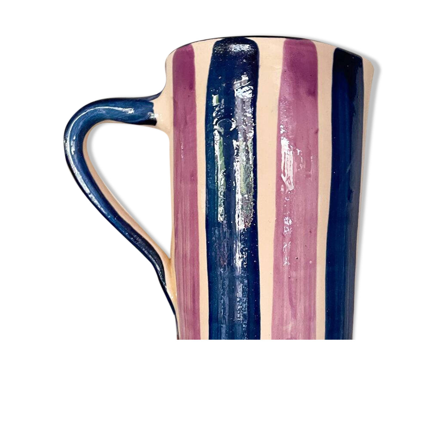 Blue and purple striped ceramic pitcher