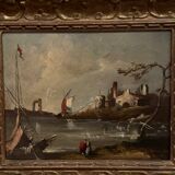 Oil on panel, port scene, late 19th century, gilded frame