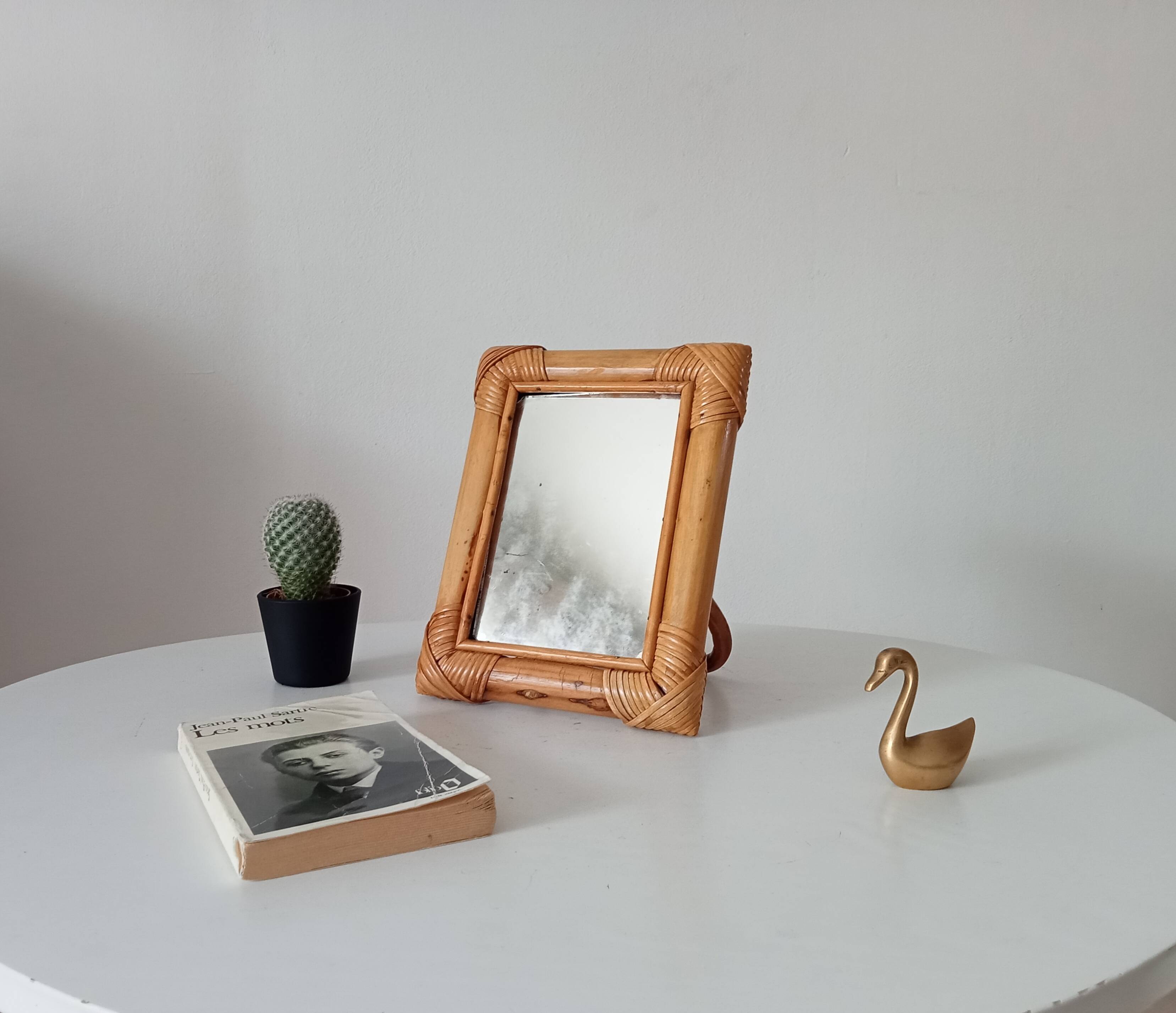 Vintage 1970s rattan tabletop mirror