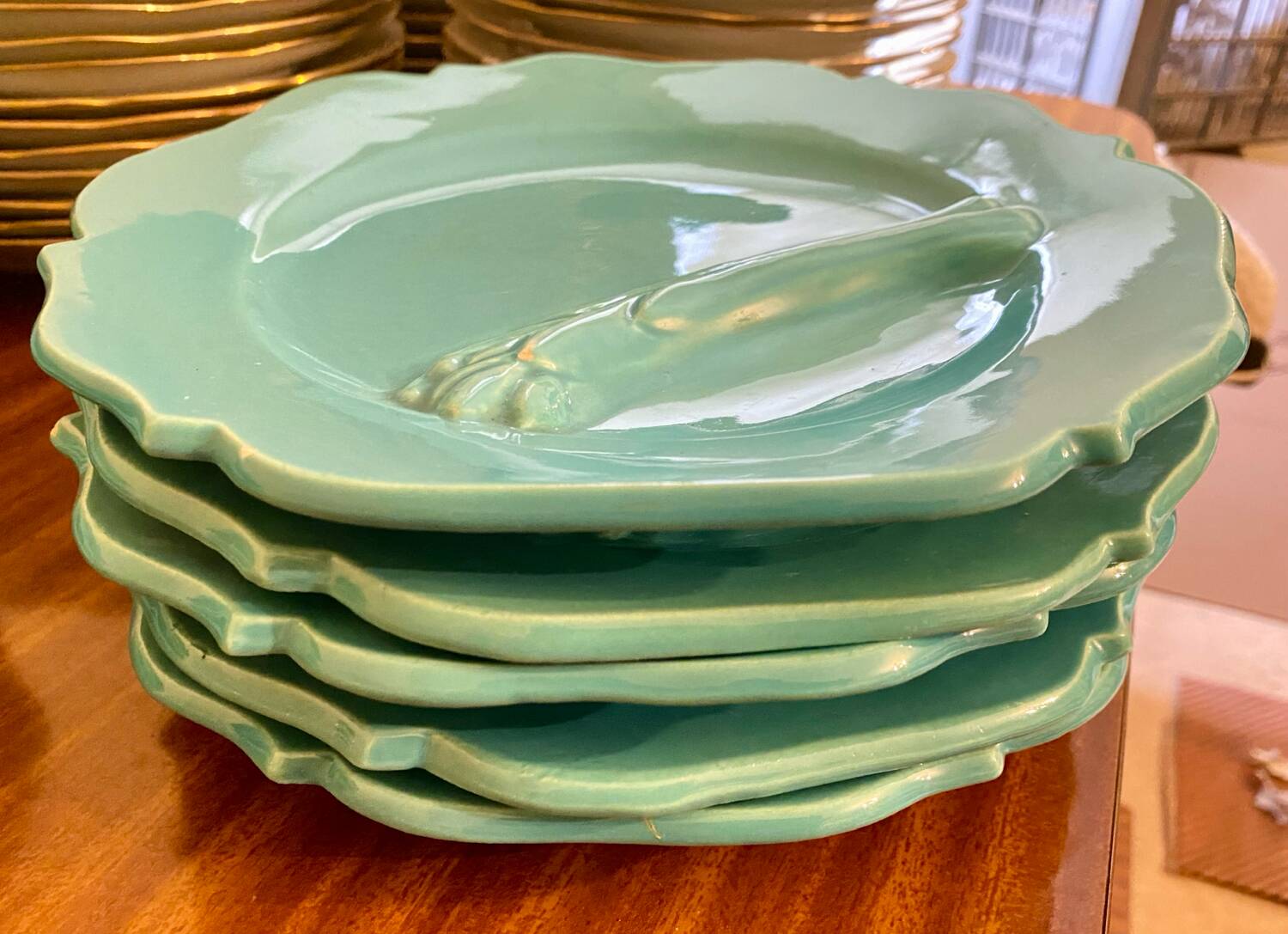 5 vintage barbotine asparagus plates