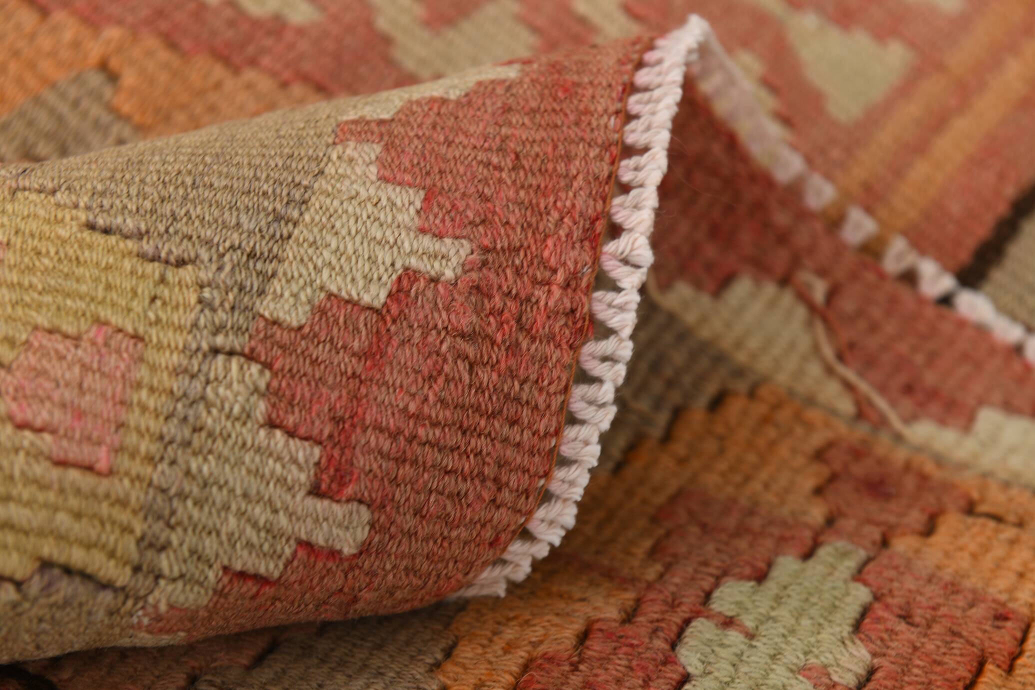 Turkish Vintage Kilim Rug: Shades Of Red Brown Handmade Wool Rug 160x417Cm