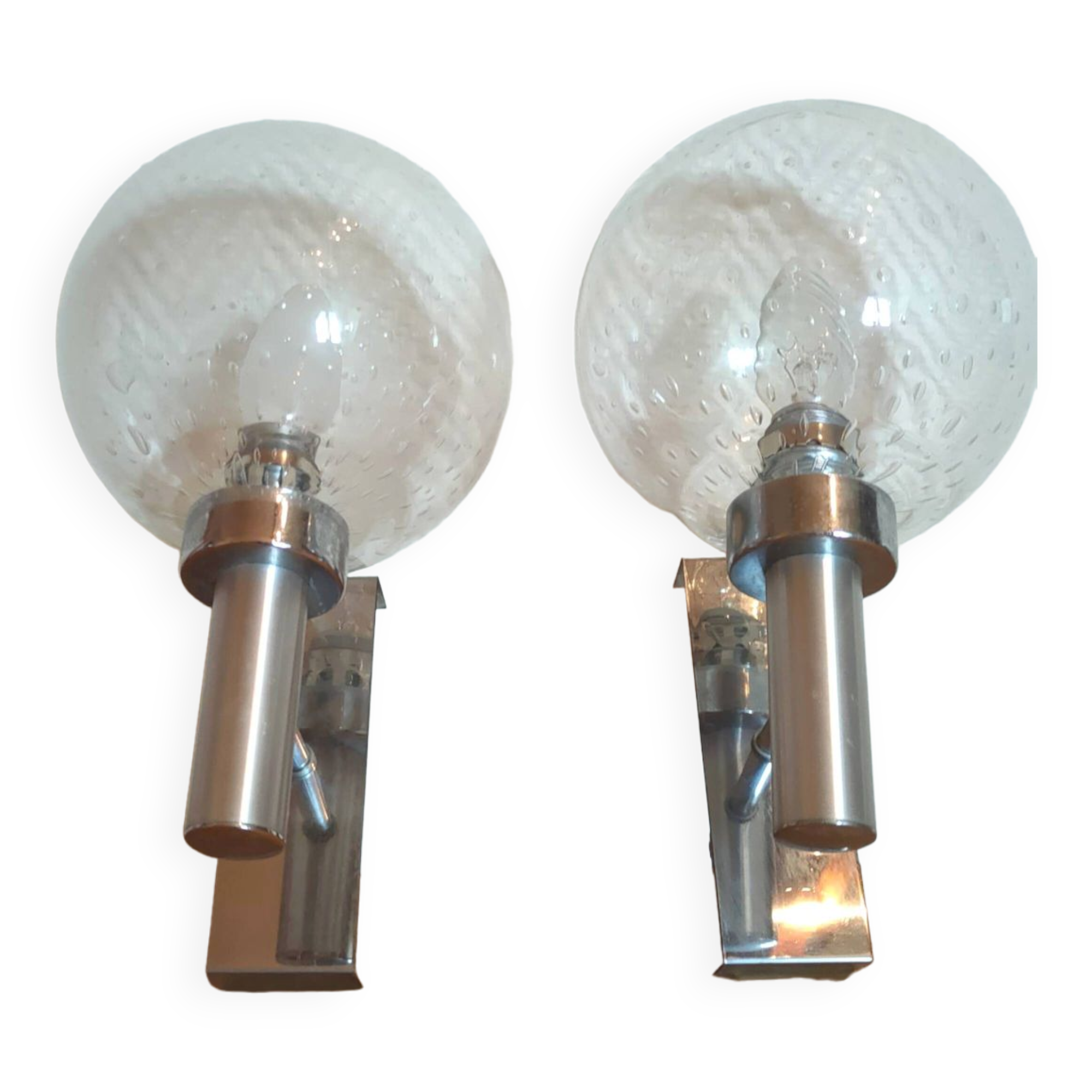 Pair of bubbled glass and inox wall lamps Doria Leuchten design 70s