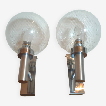 Pair of bubbled glass and inox wall lamps Doria Leuchten design 70s