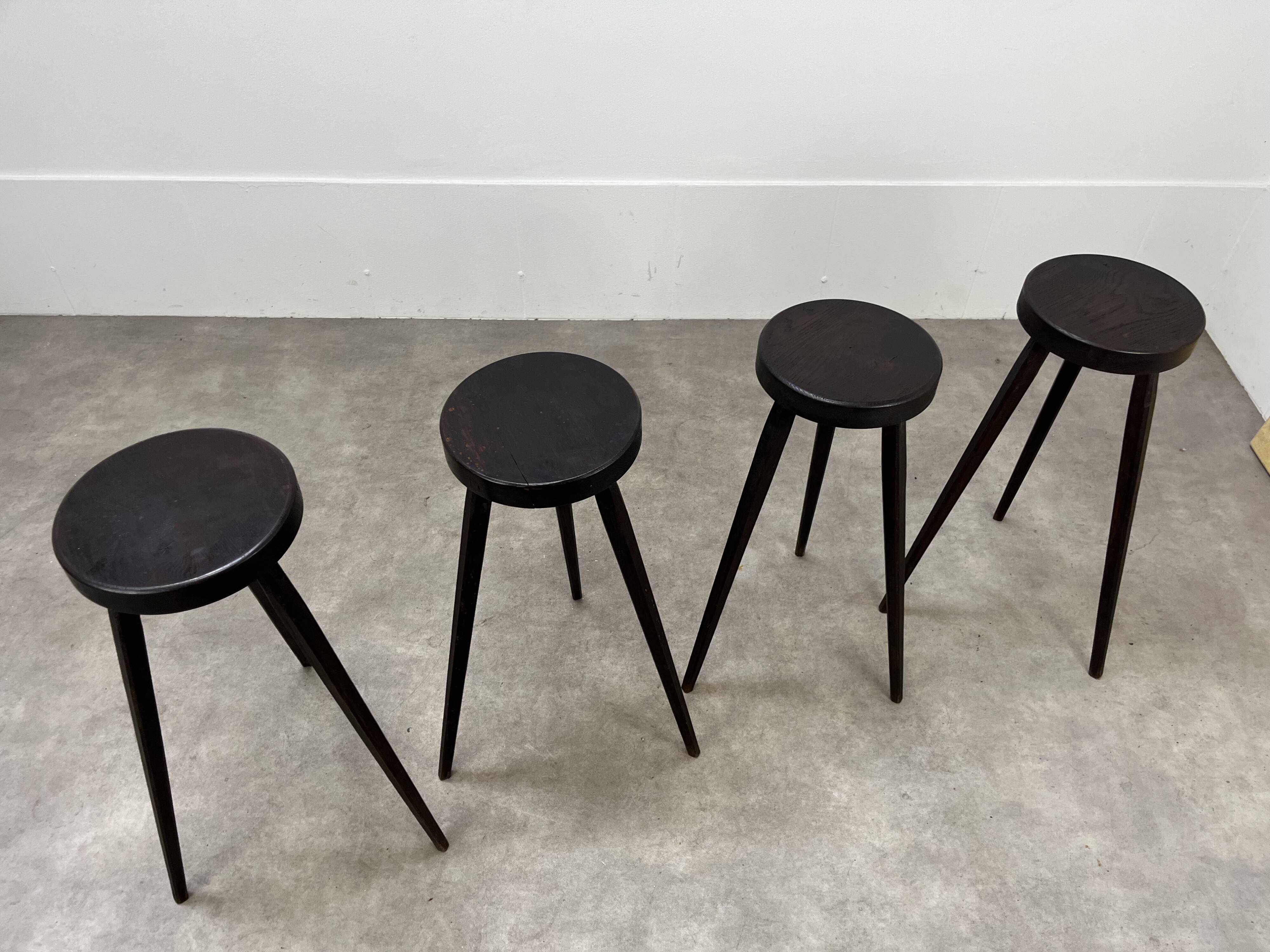 4 brutalist tripod bar stools, solid wood, 1950s