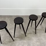 4 brutalist tripod bar stools, solid wood, 1950s
