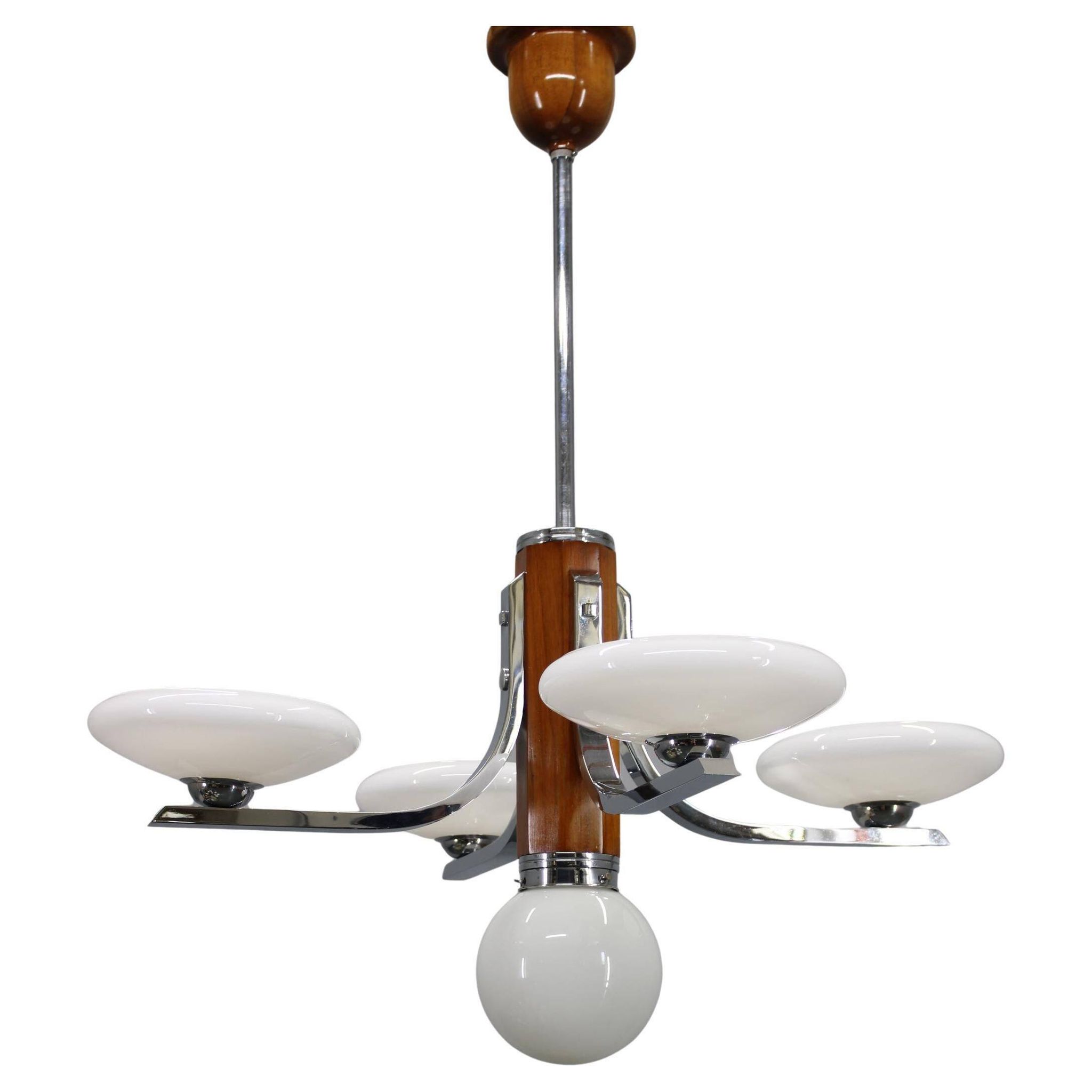 Art Deco chrome and walnut chandelier with milky glass shades, Czechoslovakia, 1