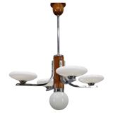 Lustre Art Déco en chrome et noyer avec abat-jour en verre opale, Tchécoslovaquie, 1