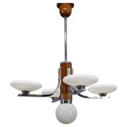 Art Deco chrome and walnut chandelier with milky glass shades, Czechoslovakia, 1