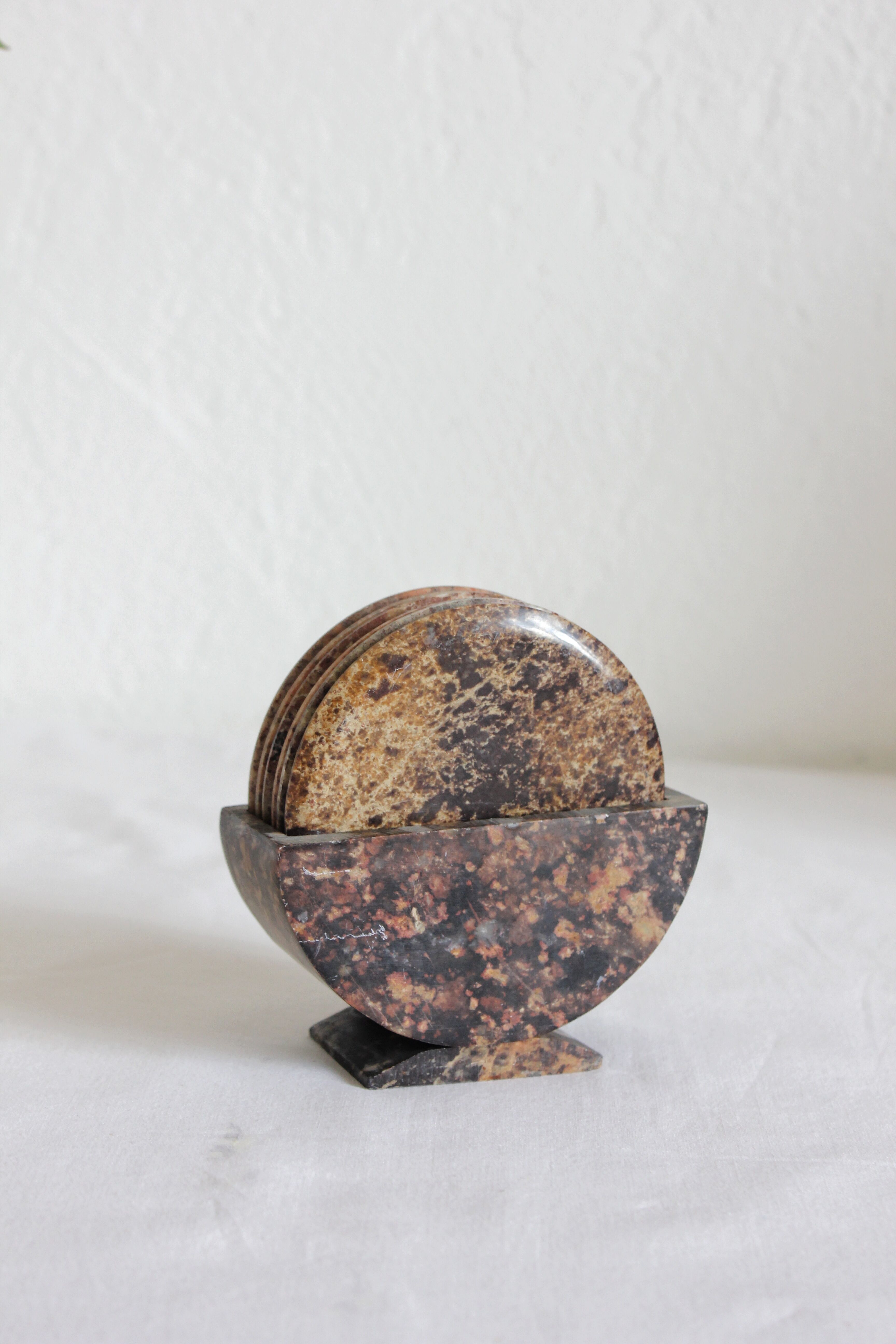 Set of 6 vintage stone/marble coasters and case