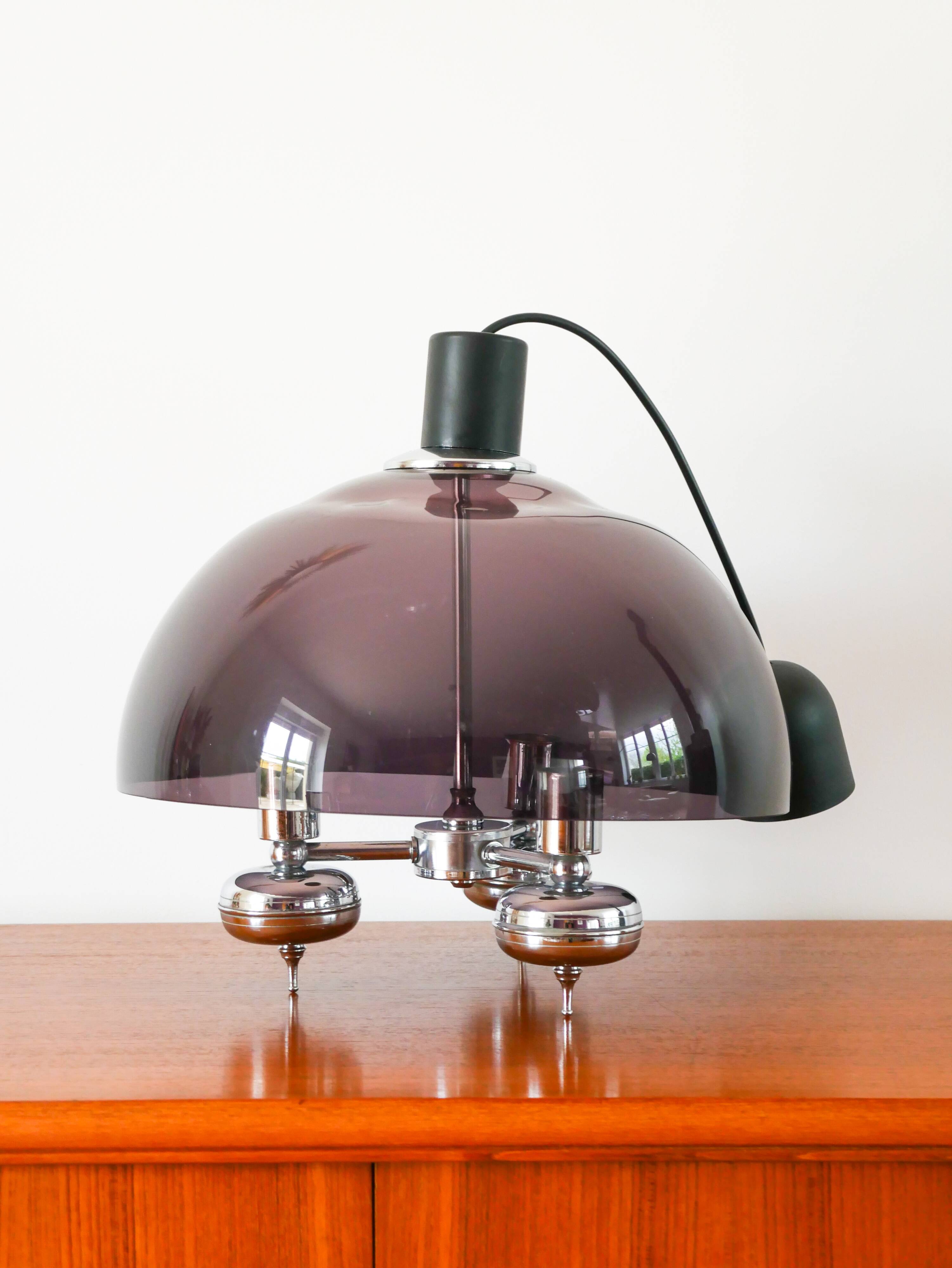 Three-branched chandelier in smoked plexi and chrome, Space Age, 1970