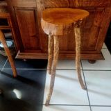 Set of 3 brutalist bar stools in raw wood