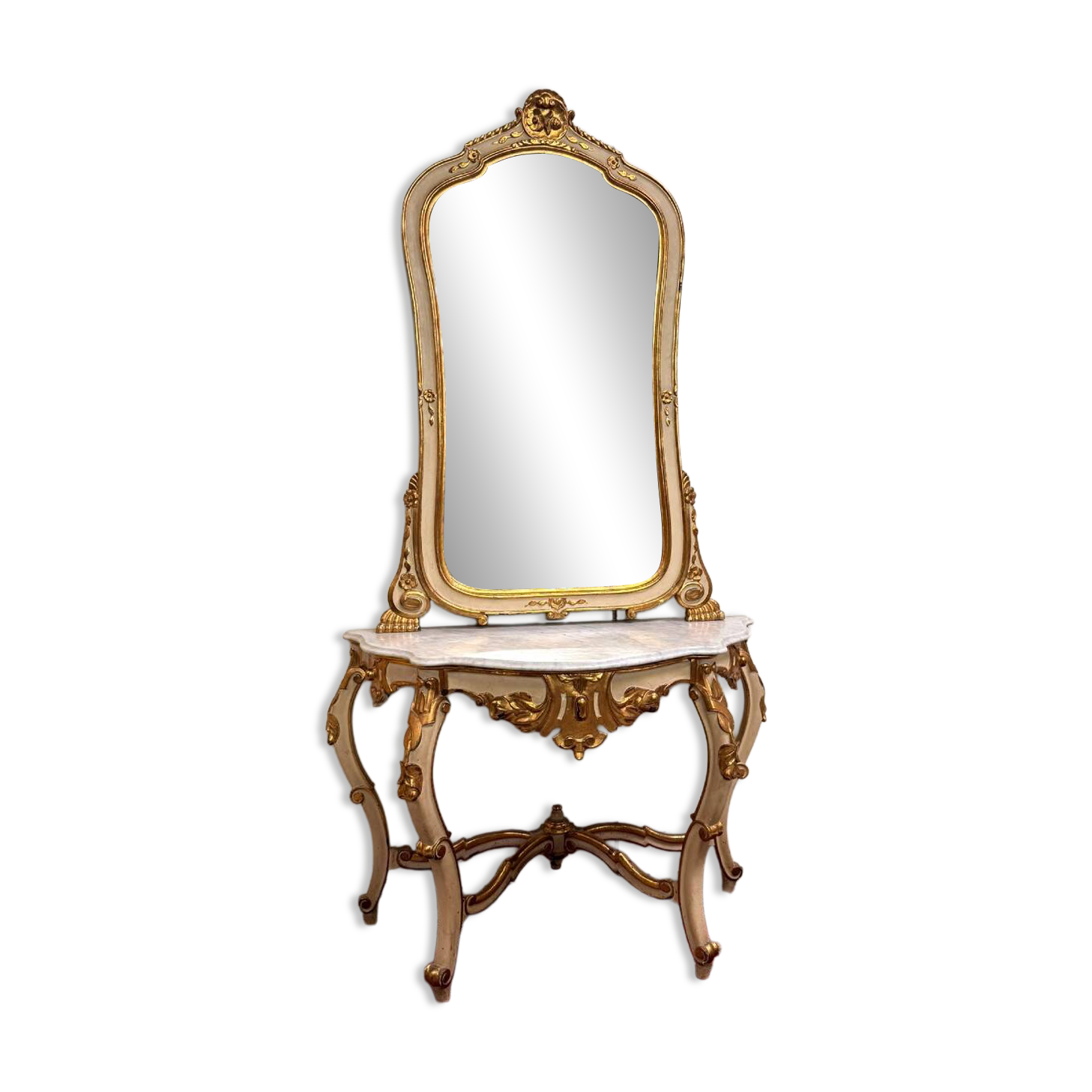 Importante console galbée + miroir style Louis XV en bois doré et laqué