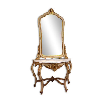 Importante console galbée + miroir style Louis XV en bois doré et laqué