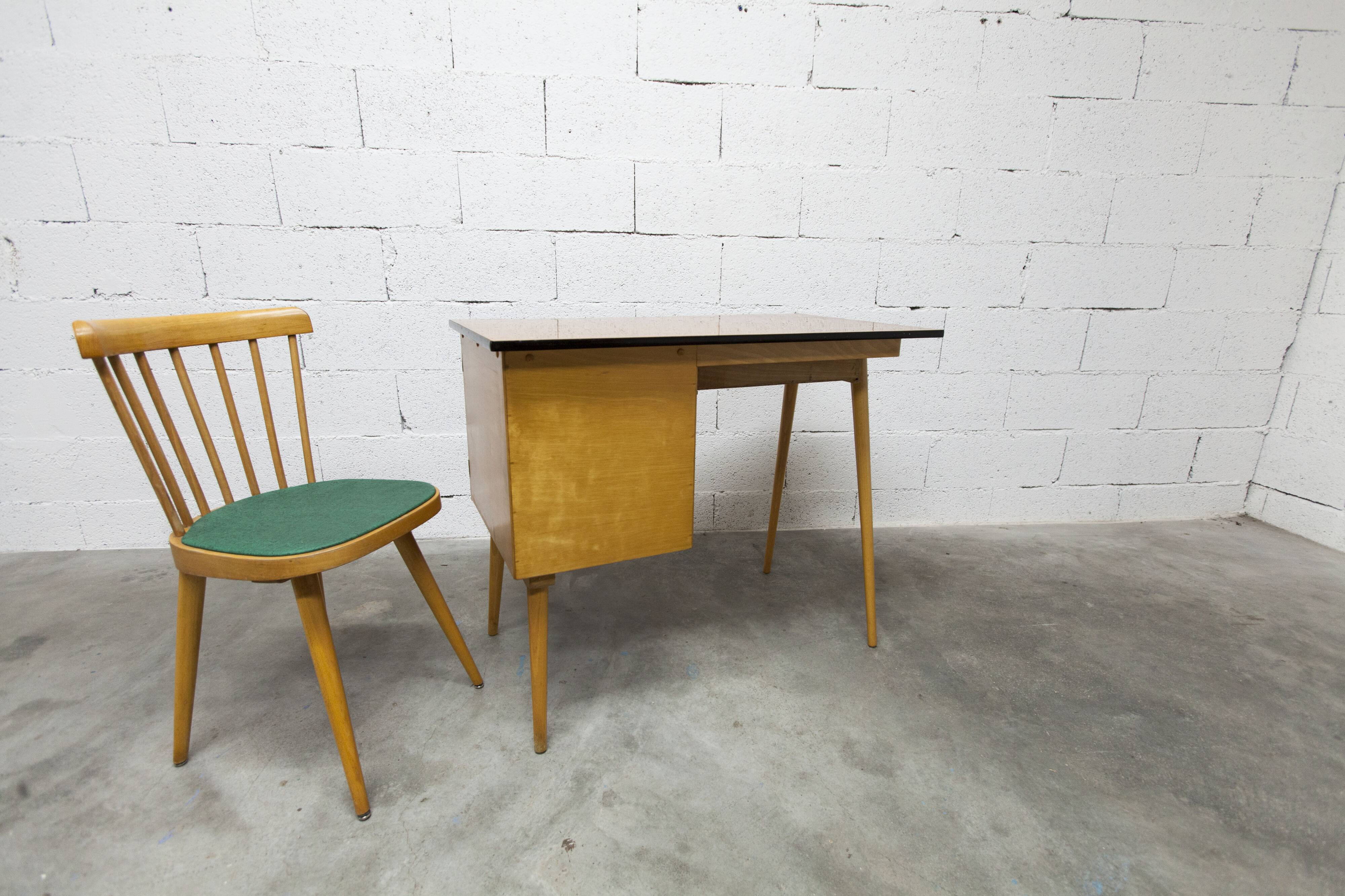 Baumann desk and its matching chair 1960 formica wood and black with green seat