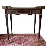 Living room table, Louis XVI style desk in wood, marble and brass