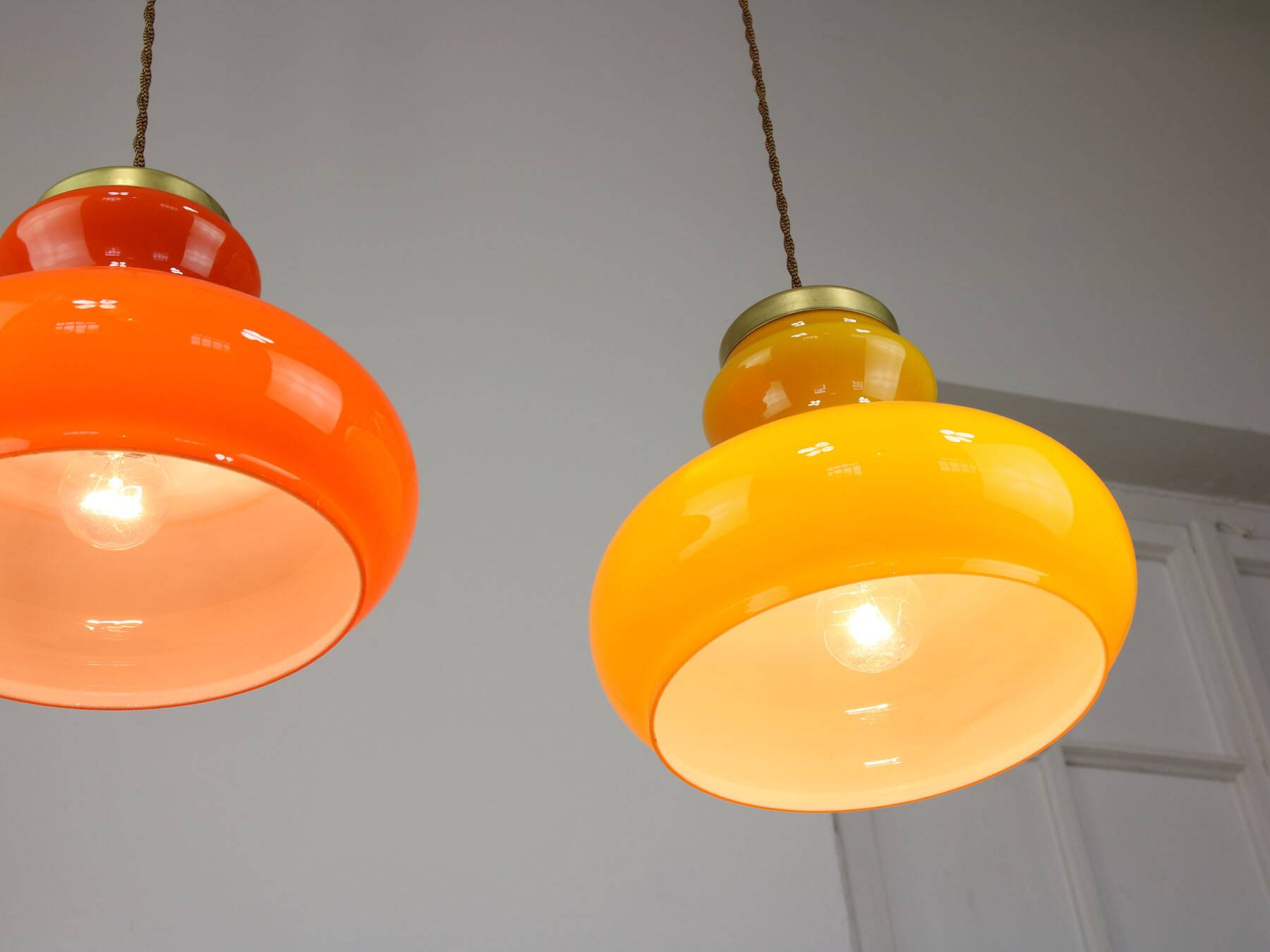 Mid-century italian glass & brass pendant lamps, set of 2