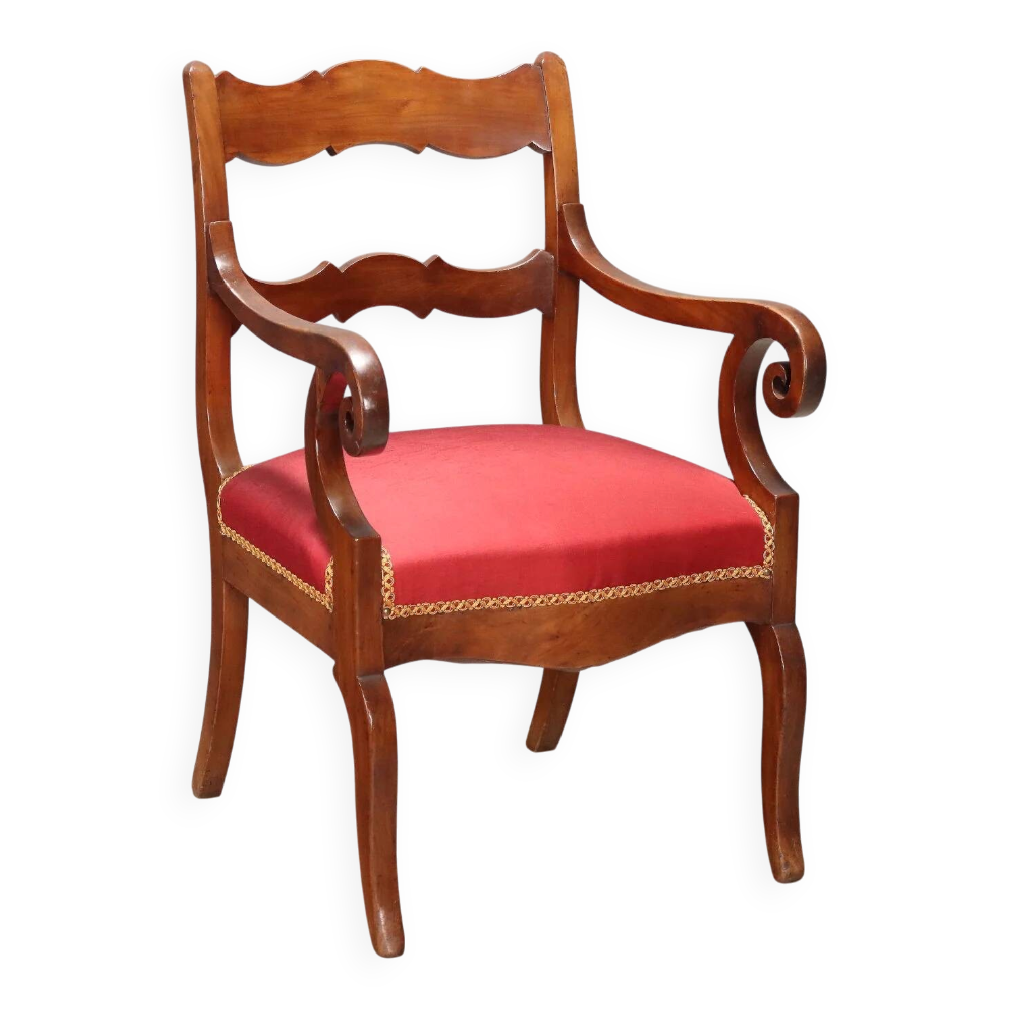 Antique Restoration-style armchair in walnut, fabric, Italy, 19th century.