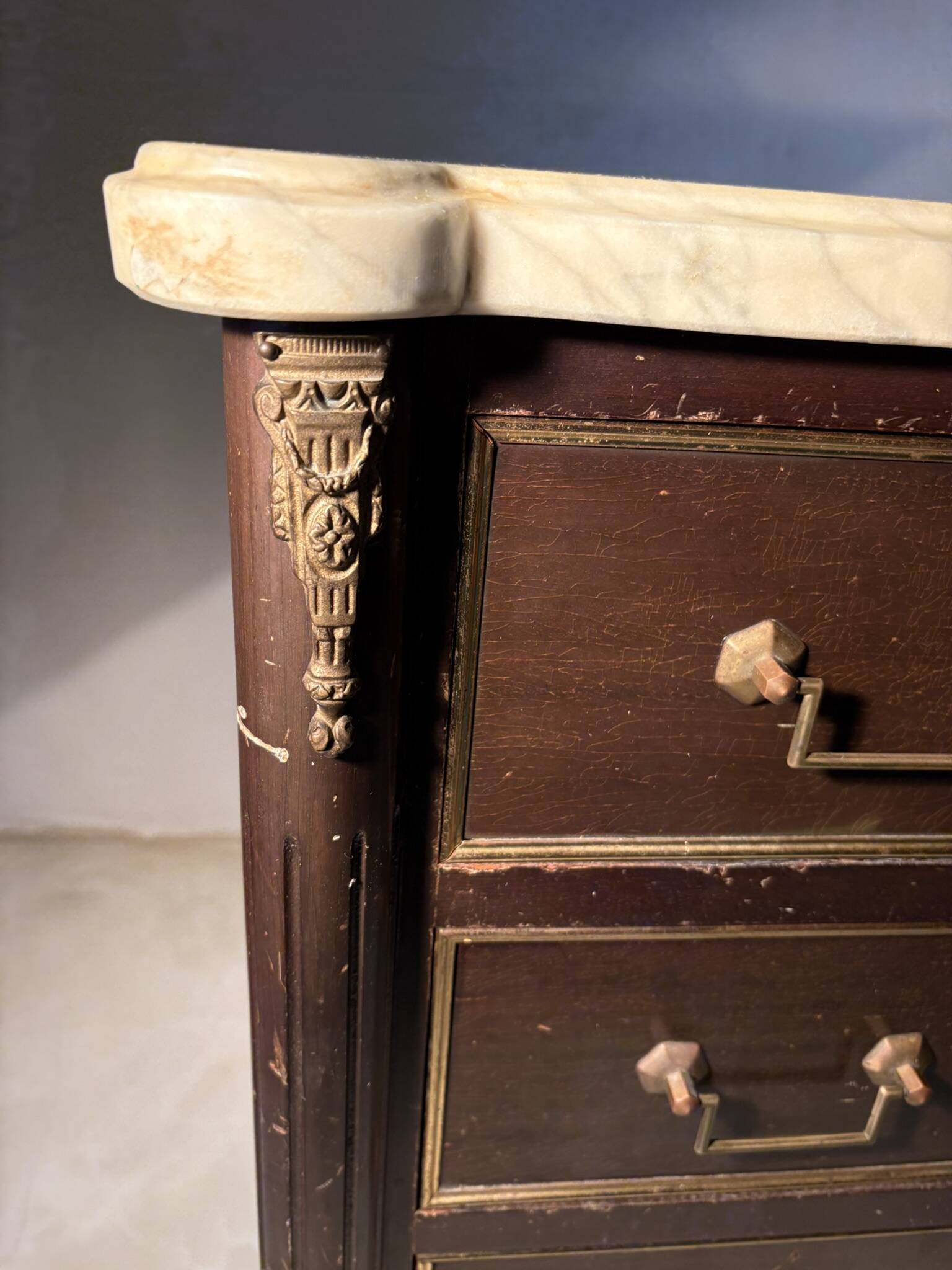 Louis XVI style 3-drawer chest of drawers, marble and gilded bronze