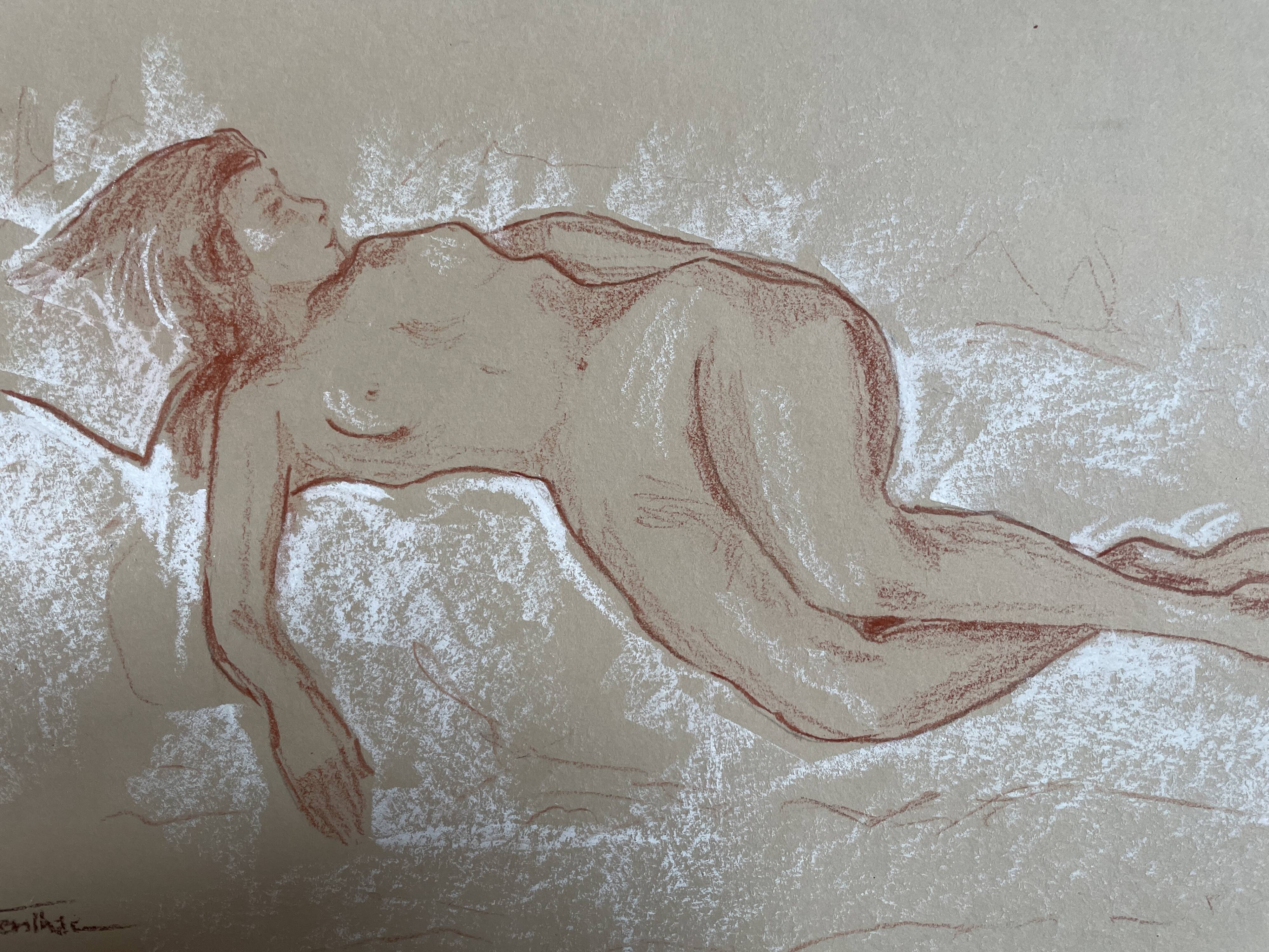 Signed sanguine drawing of a female portrait "The Nap"