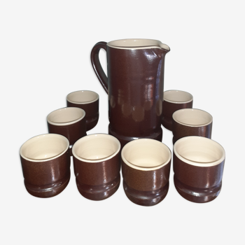 Ceramic coffee service, with a pitcher and 8 cups - brown and vintage beige