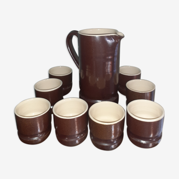 Service à café en céramique, avec un pichet et 8 tasses - marron et beige vintage