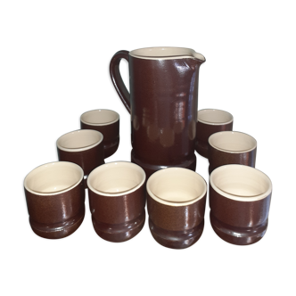 Service à café en céramique, avec un pichet et 8 tasses - marron et beige vintage
