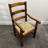 Set of 5 large French oak dining armchairs with rush seats, 1970s