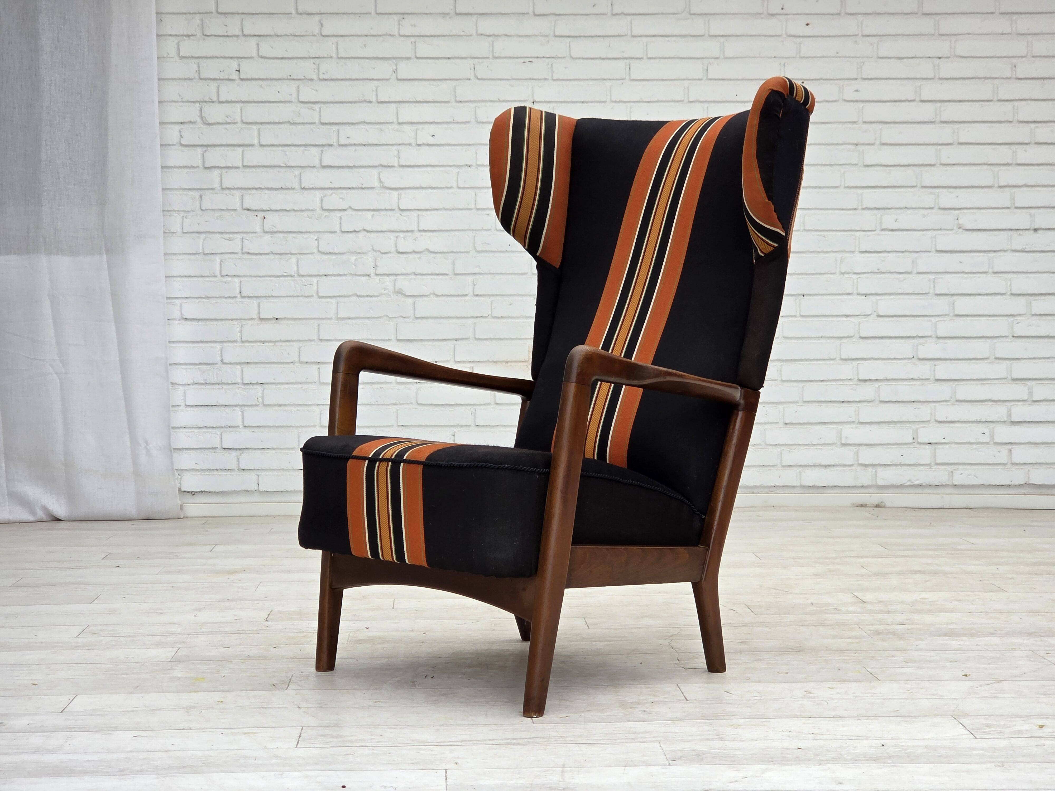 1960s, Danish highback armchair by Fritz Hansen, furniture wool, beech wood