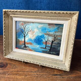 Chiaroscuro landscape painting signed ROLL, oil on cardboard, framed