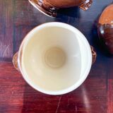 6 vintage Emile Henry lion's head onion soup bowls in ceramic - brown, made in France.