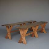 Pair of rustic cherry & oak wood Farmhouse X-frame benches, 1940s