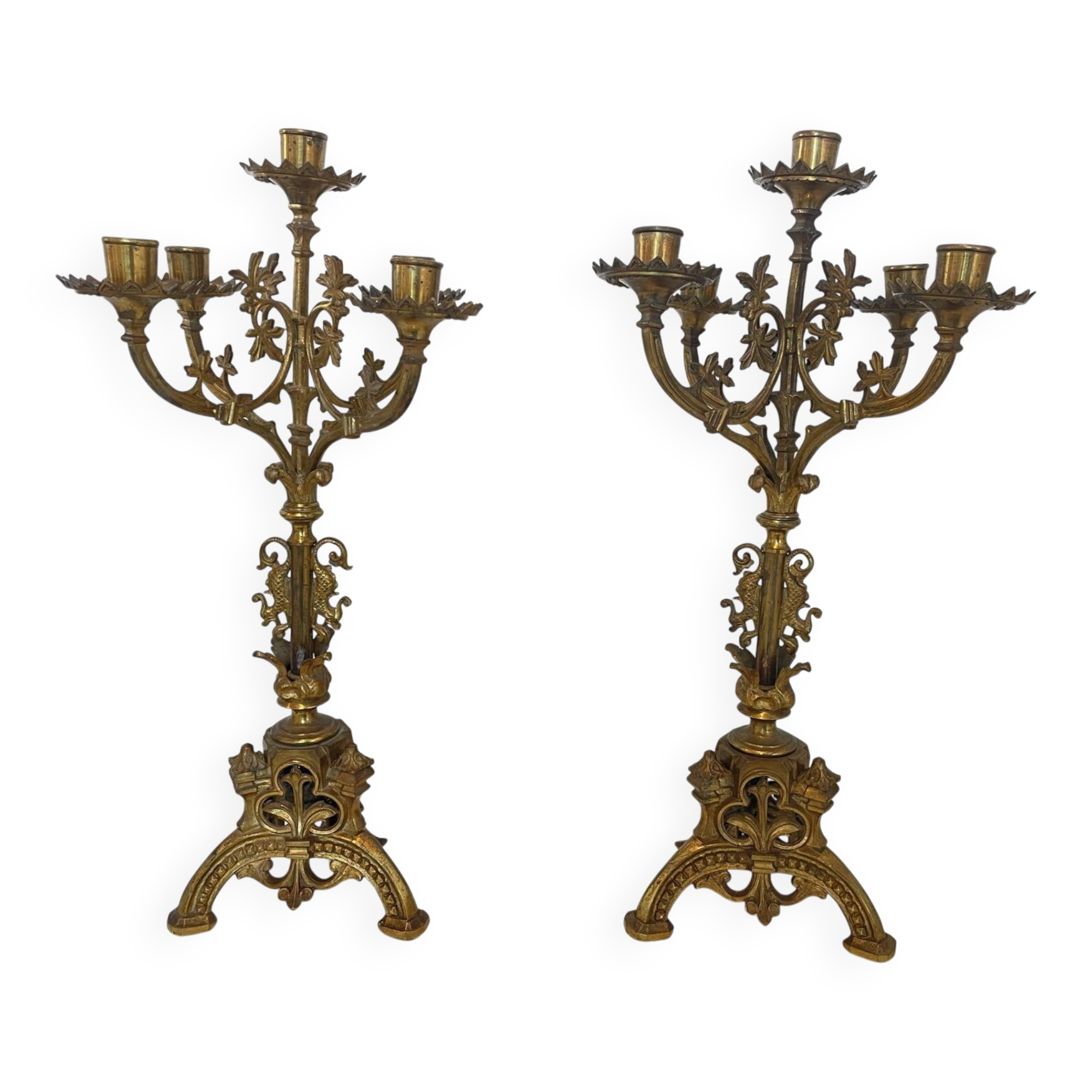 Pair of church candelabra - 19th century - in bronze and brass, 5 lights / c