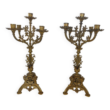 Paire de candélabres d’église - XIXe - en bronze et laiton, 5 feux / c