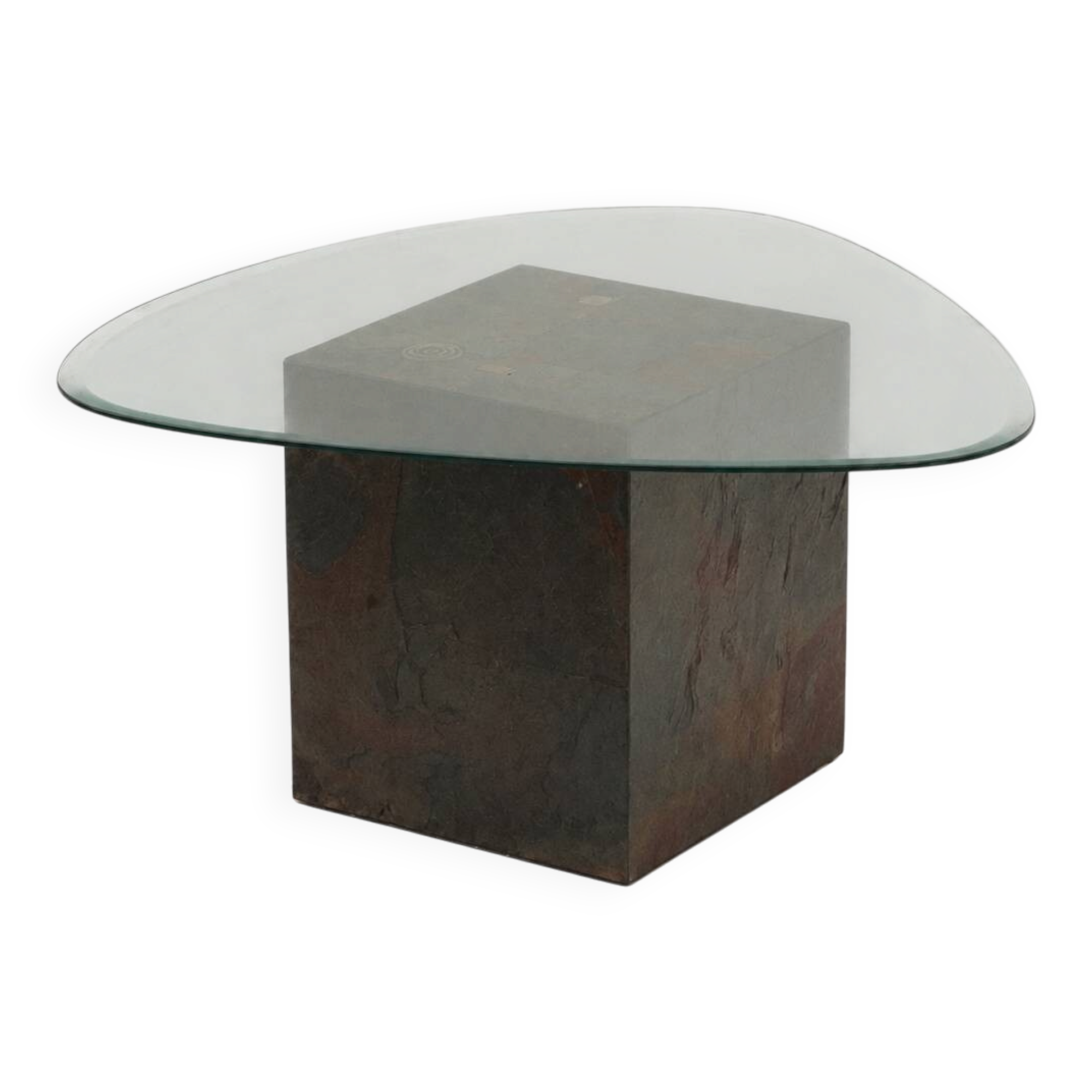 Unique design coffee table with natural stone base and organic glass top