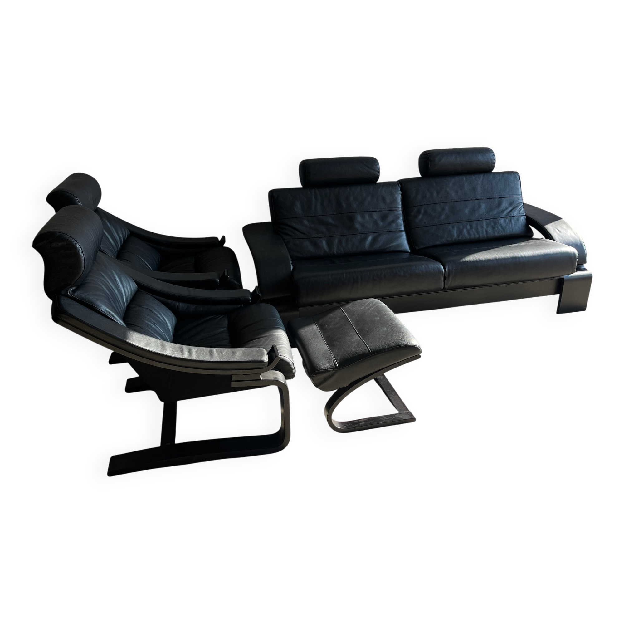 Nelo Kroken 4-piece black leather sofa set, 1970s