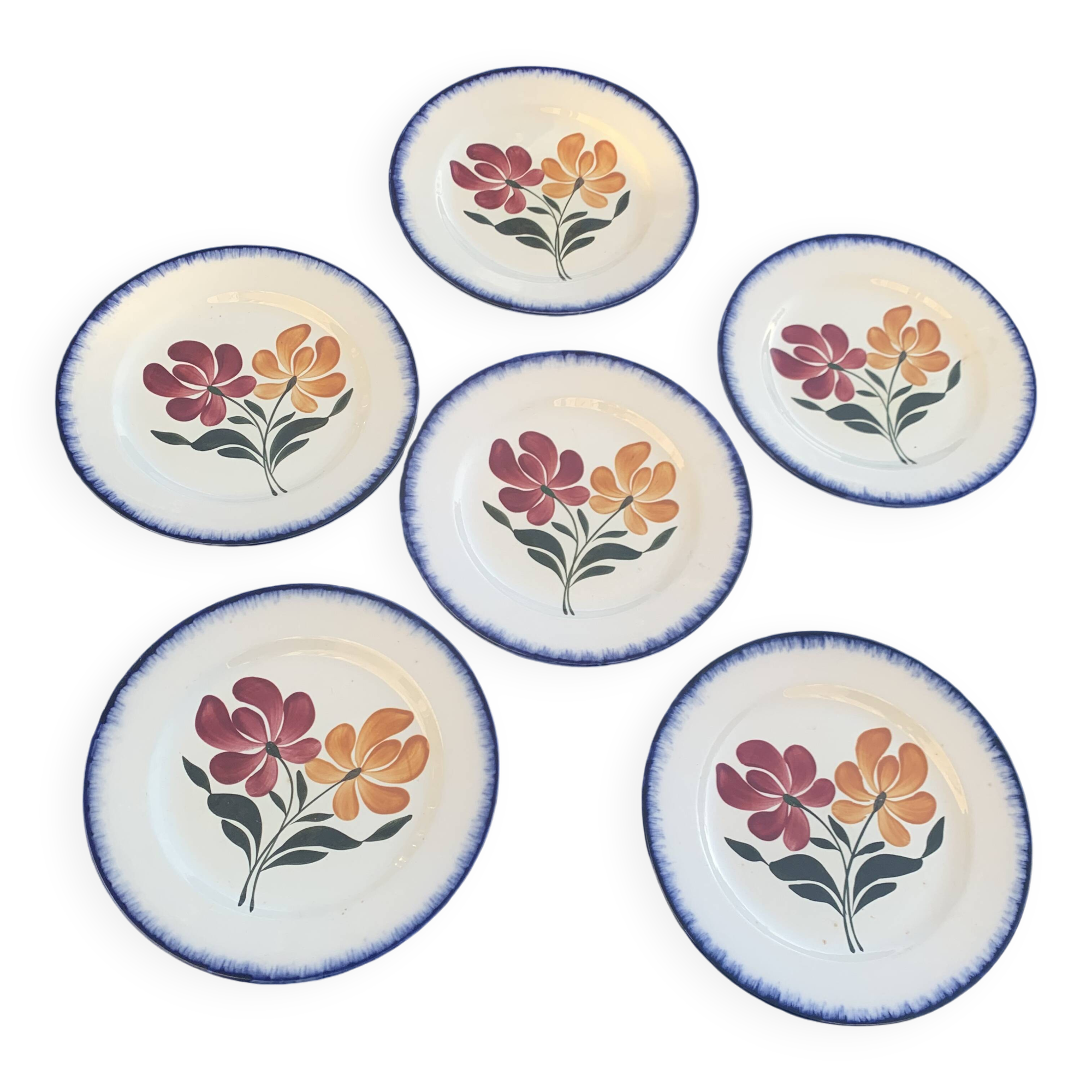 6 flat plates E. Charbonnier, Salins, Terre de Fer, countryside model, made in France, vintage