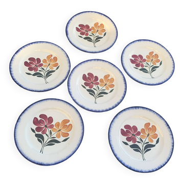 6 flat plates E. Charbonnier, Salins, Terre de Fer, countryside model, made in France, vintage