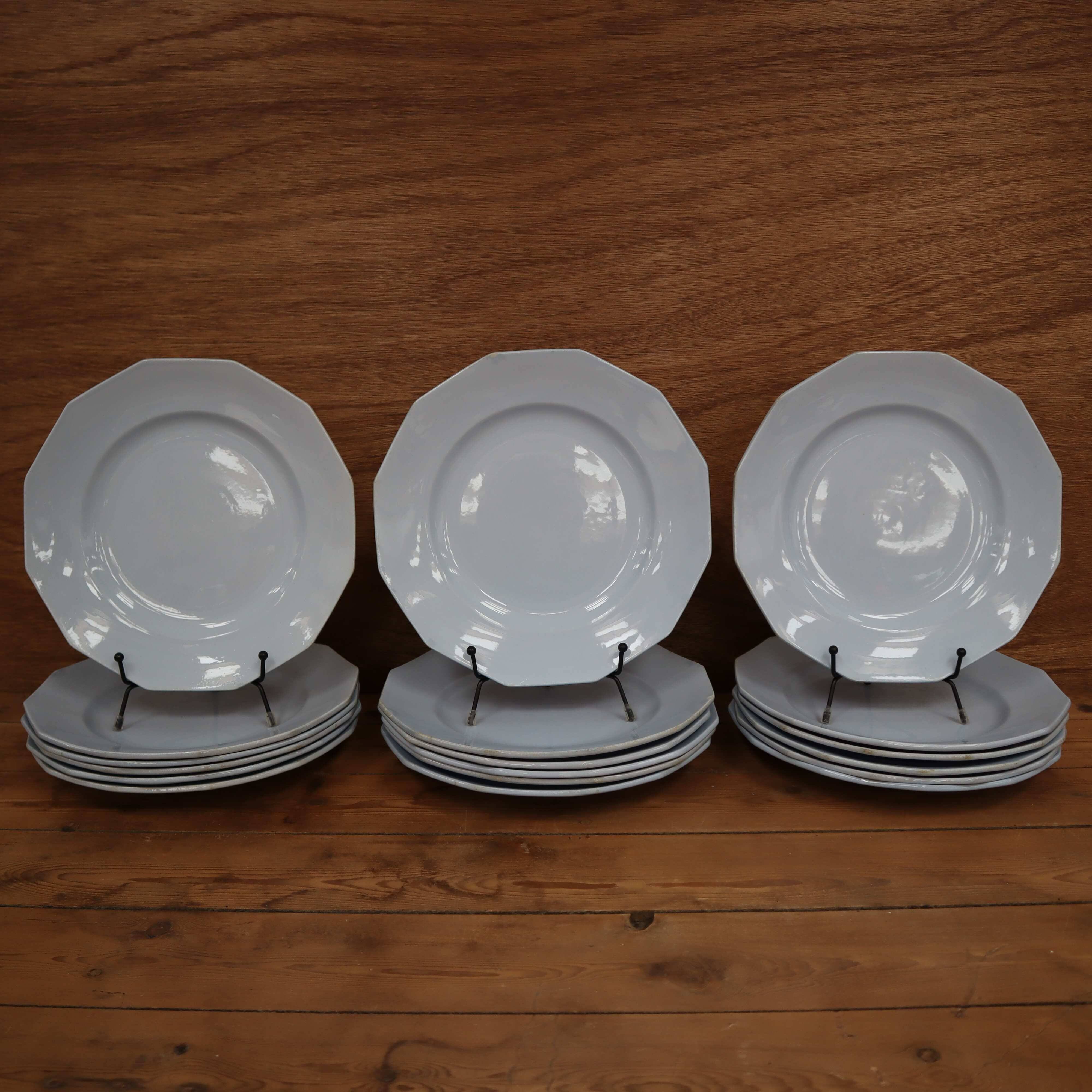 6 flat octagonal earthenware plates Moulin des loups pale blue color