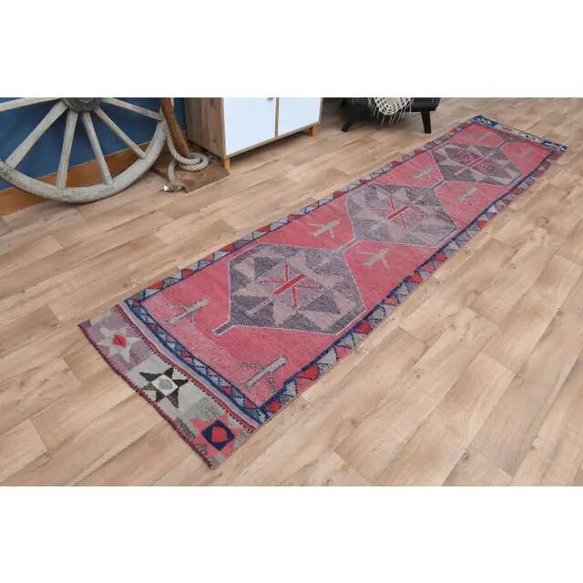 Pink Vintage Turkish Oushak Handmade Wool Tribal Runner Rug 85x378