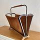 Vintage magazine rack from the 1950s, leather, brass, wood.