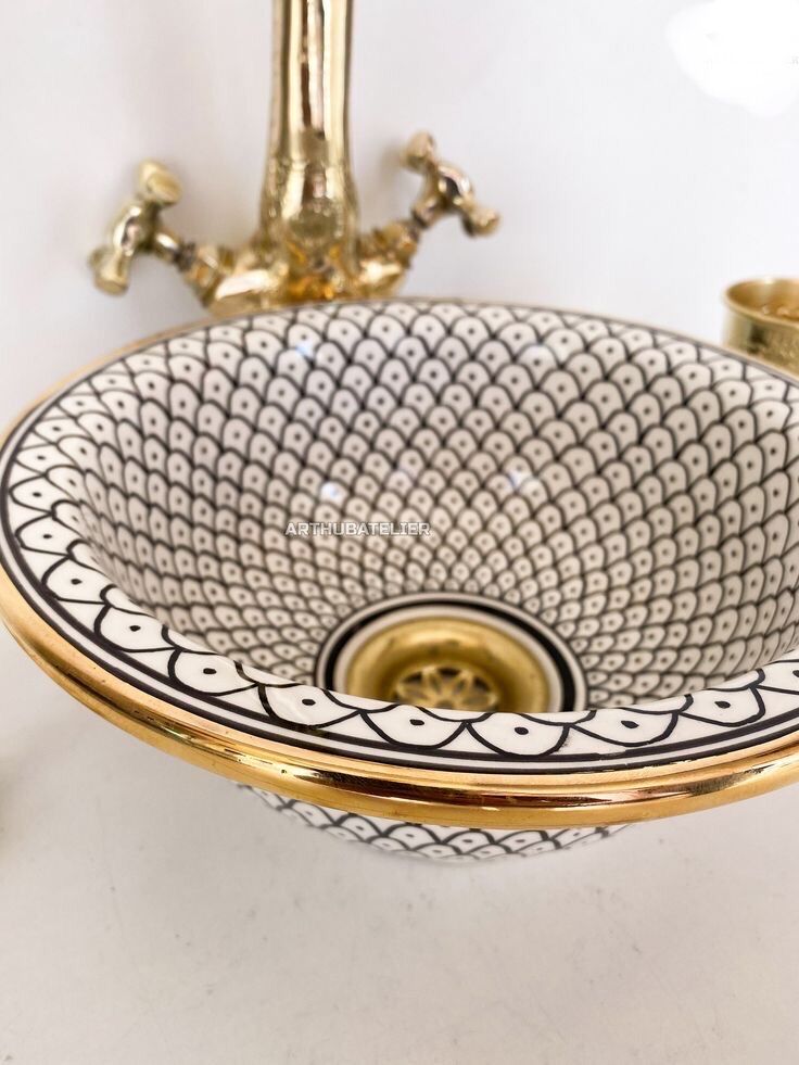 Moroccan ceramic Sink 100% handcrafted with Gold Brass